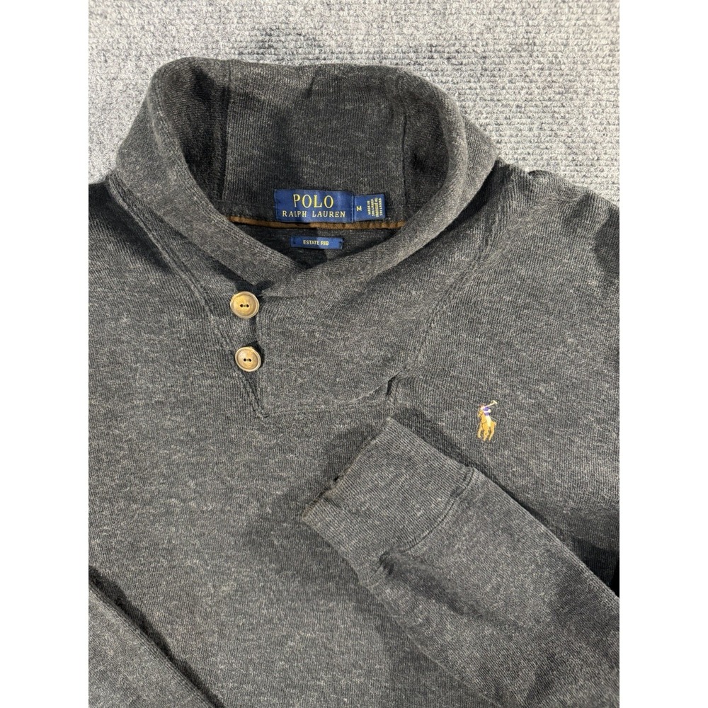 Polo Ralph Lauren Mens Medium Gray Shawl Collar Estate Rib Button Pullover